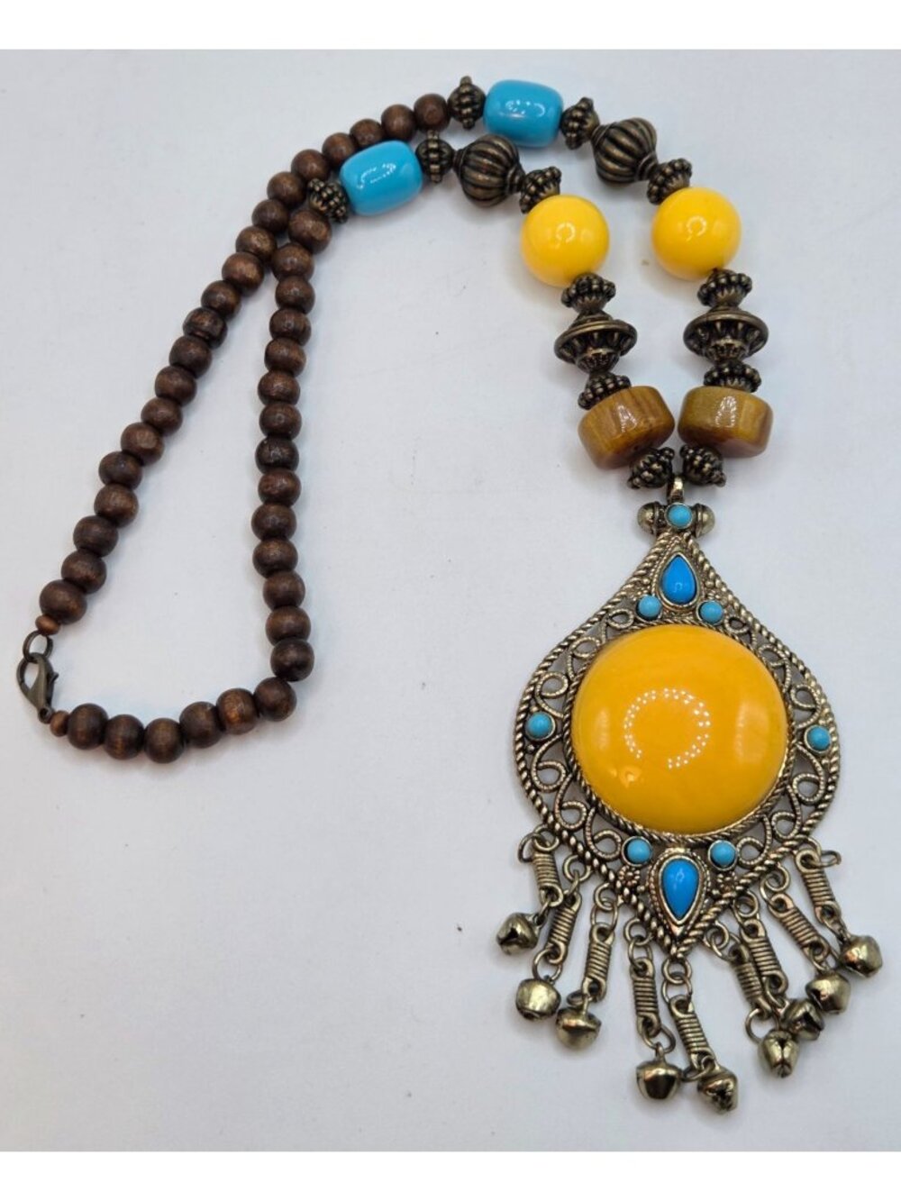 Boho Statement Necklace With Yellow & Turquoise Colored Beads Ornate Pendant